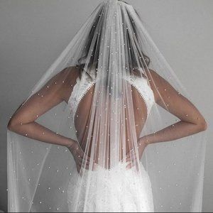 SOLD- 145" NEW CUSTOM White Cathedral Scattered Pearl Soft Bridal Tulle Veil